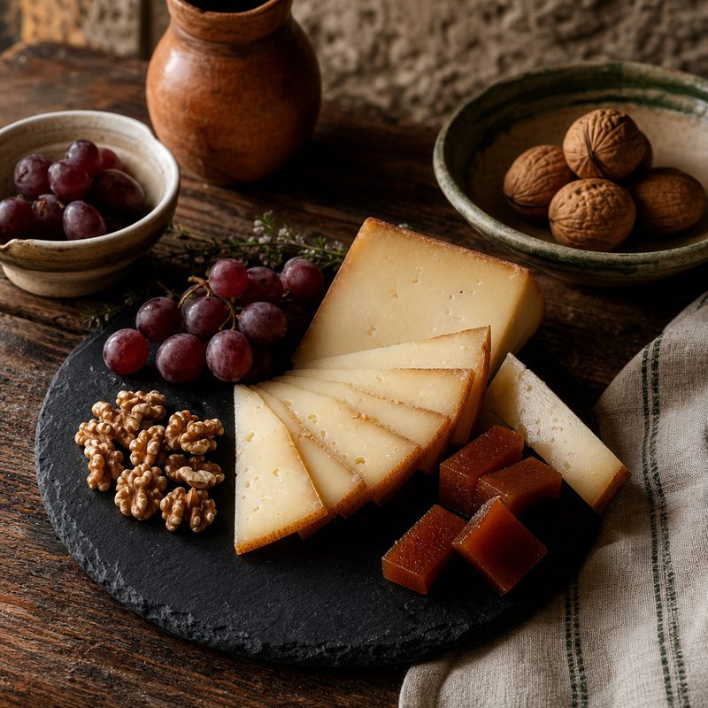 Tabla de quesos con jarra de txakoli y uvas