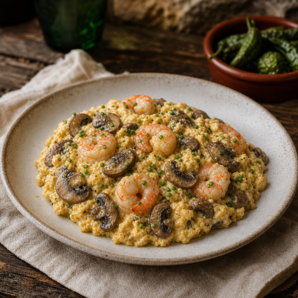 Revuelto de langostinos y setas